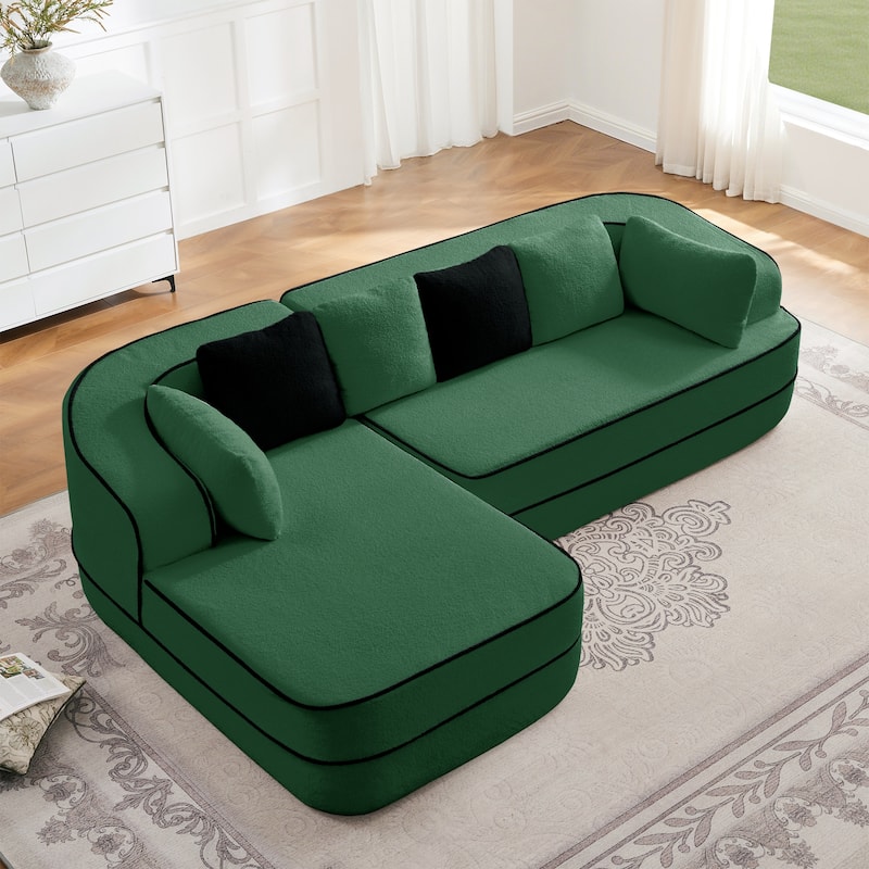 Roomfitters No Assembly Modular Sofa, 106 Inch Teddy Fabric Floor Couch with Chaise, Green - Green 106"  L-Shape Left Side