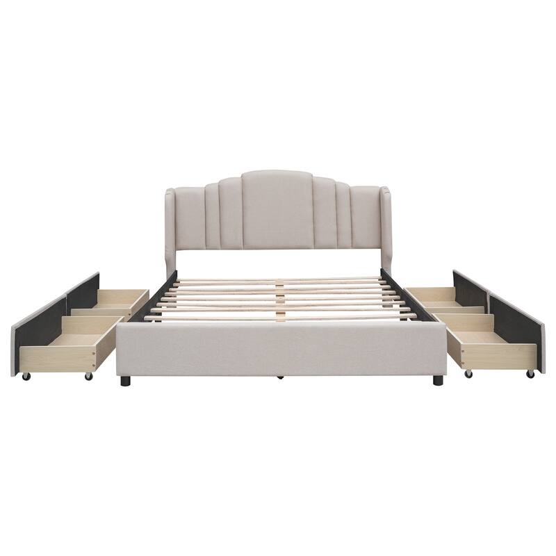 Beige Classic Queen Size Platform Bed w/ Wingback Headboard & 4 Drawers,Linen Fabric Upholstered