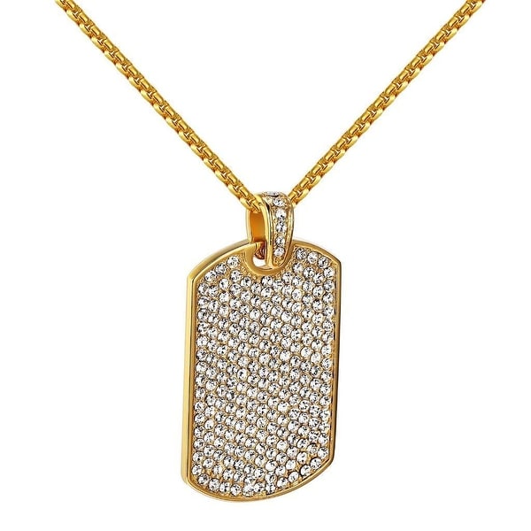 Iced Out Dog Tag Pendant Chain Lab Diamonds Gold Tone Stainless Steel