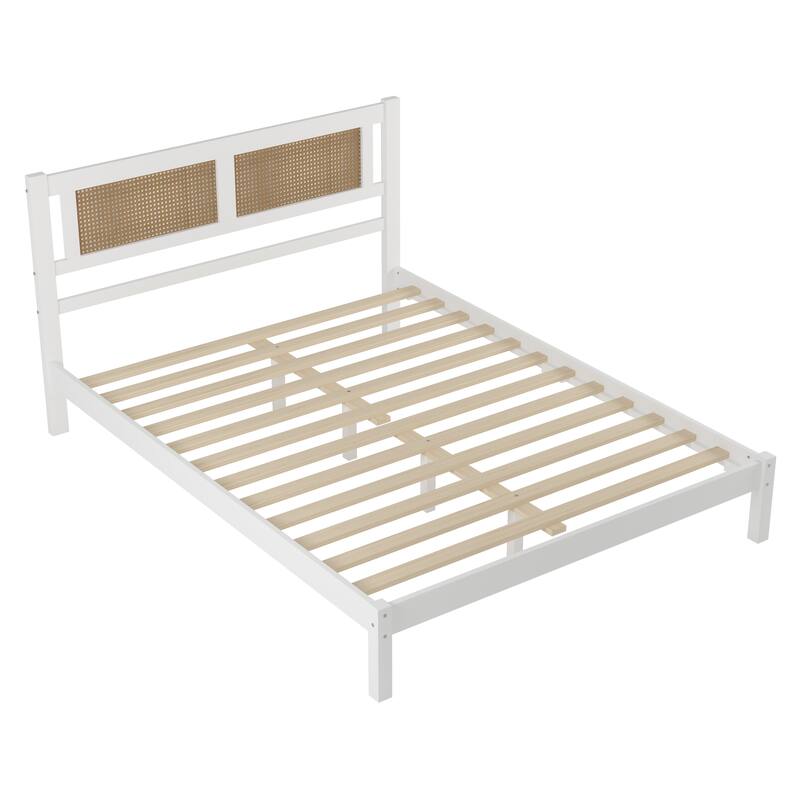 Modern Style Wooden Platform Bed with Rattan Headboard