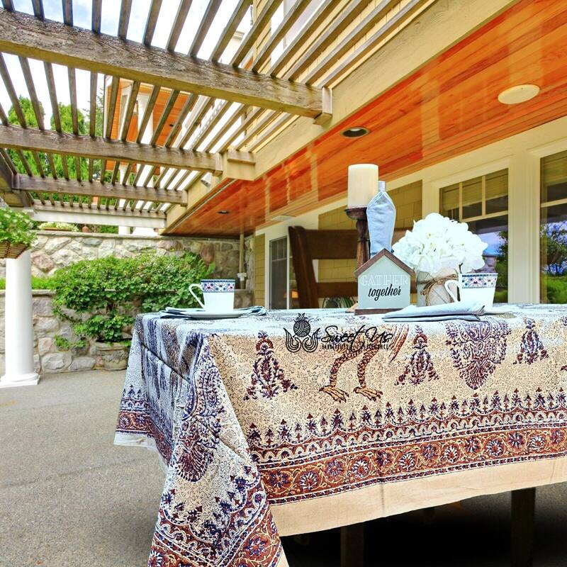 Peacock Paradise Paisley Floral Hand Block Print Cotton Tablecloth - 86 x 102 in.