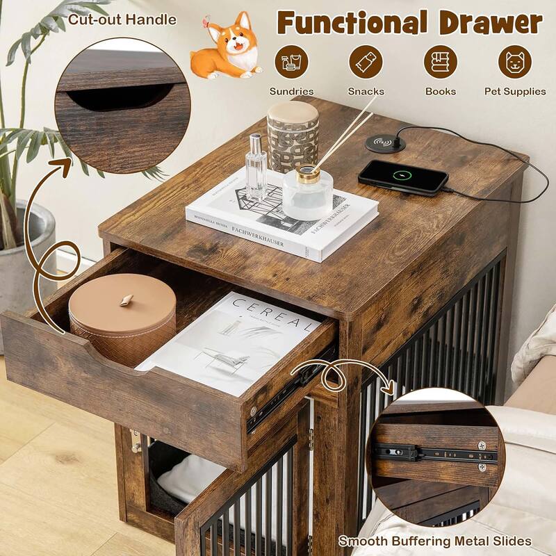 Indoor Dog House Decorative Dog Kennel End Table Storage Drawer