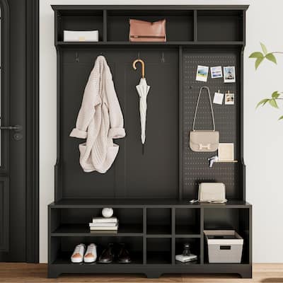 Hall Tree with Shoe Bench, Coat Rack, Shelves and Pegboard