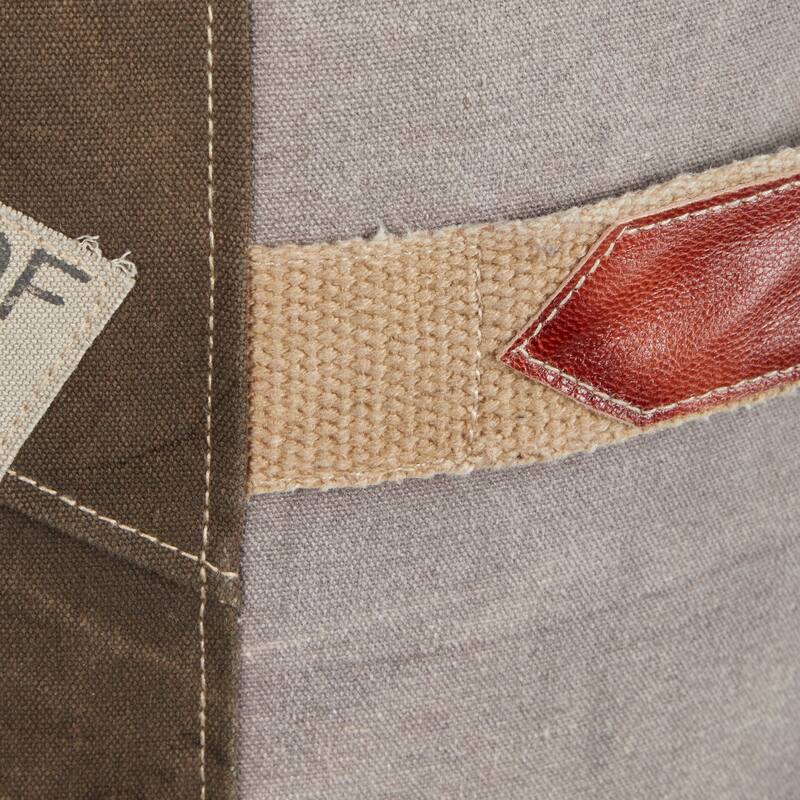 Brown Canvas Pouf with Leather Accents