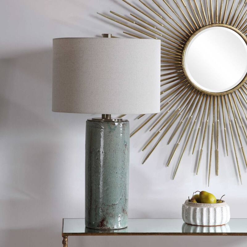 Crackled Cylindrical Ceramic Table Lamp with White Drum Shade - 32.5" - Aqua Blue