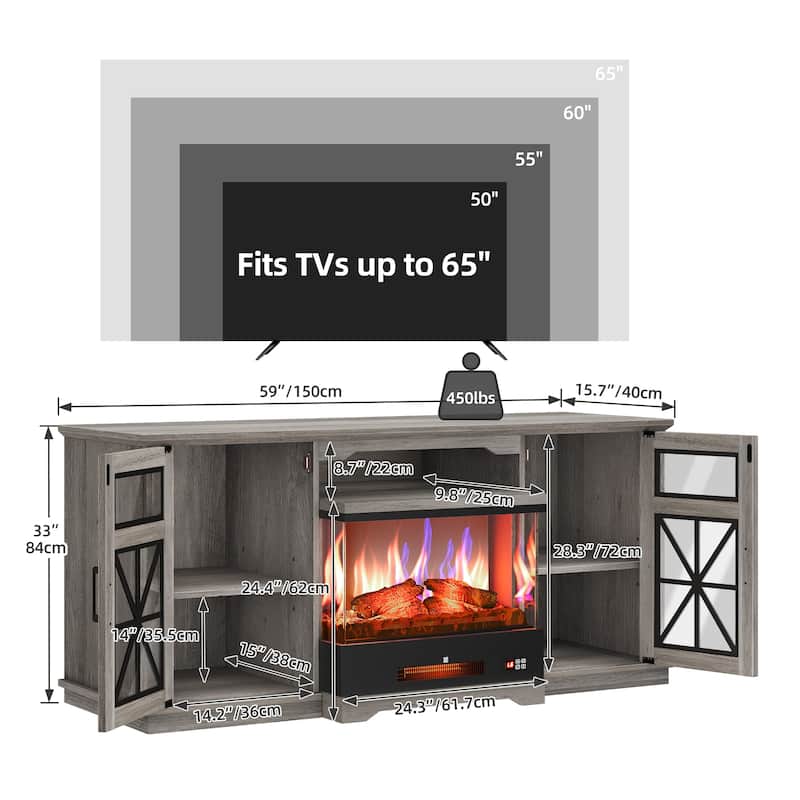 Moasis Farmhouse TV Stand Media Entertainment Console with Glass Doors Fits for 24" Fireplace TVs up to 65'' - Without Fireplace