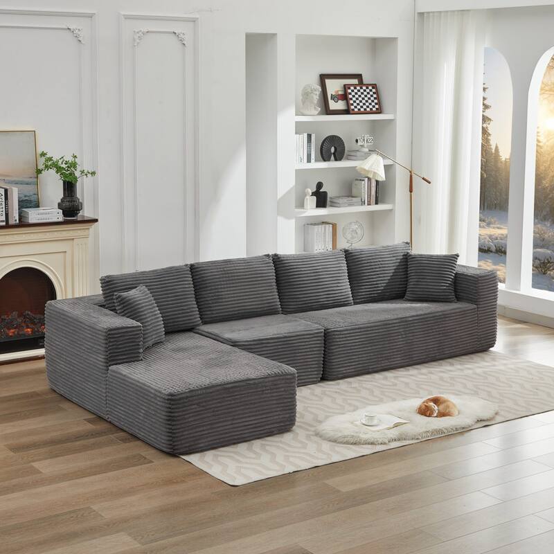 Modular Sectional Sofa with L-Shape Chaise, Oversized Corduroy Upholstered Cloud Sofa, Deep Seat Sofa with 2 Throw Pillows