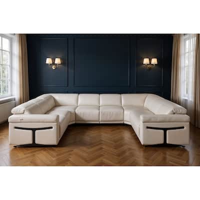 HomeRoots Light Gray Italian Leather Power Reclining U Shaped Eight Piece Corner Sectional With Console