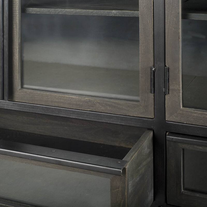 HomeRoots 62" Dark Brown Iron Two Drawer Sideboard with Four Glass Doors - 16.5' X '33.3' X '62.3