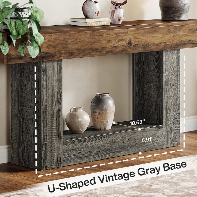 63" Long Console Table, Farmhouse 2-Tier Entryway Table with U-Shaped Base - 63" W x 11.8" D x 32.3" H