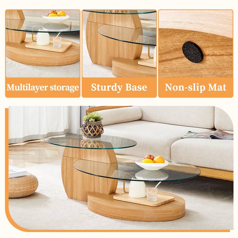Roomfitters Double Layer Coffee Table with White Marble and Wood Grain Finish, Artistic Modern Design