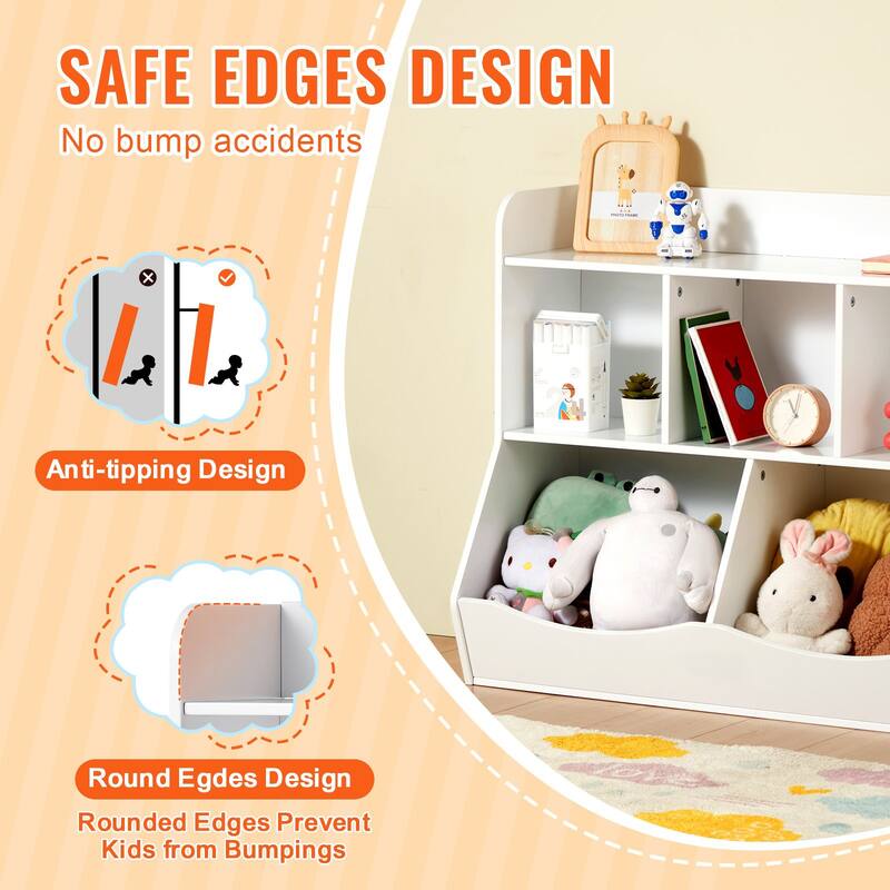 White Kid Toy Storage Cubby Organizer with Bookshelf and 5 Compartment Perfect for Nursery and Playroom - 35” × 16” × 30”