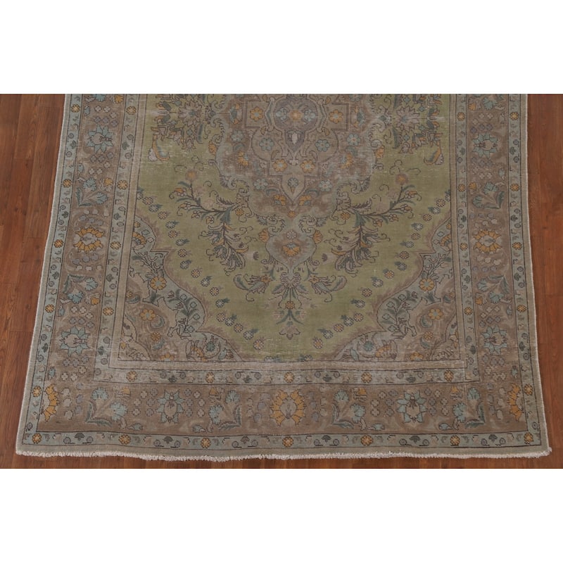 Green Distressed Tabriz Persian Antique Area Rug Handmade Wool Carpet - 6'6" x 9'8"