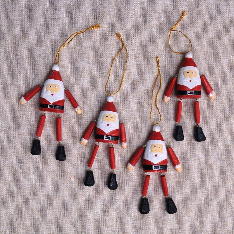 Novica Handmade Dancing Santas Wood Ornaments (Set Of 4)