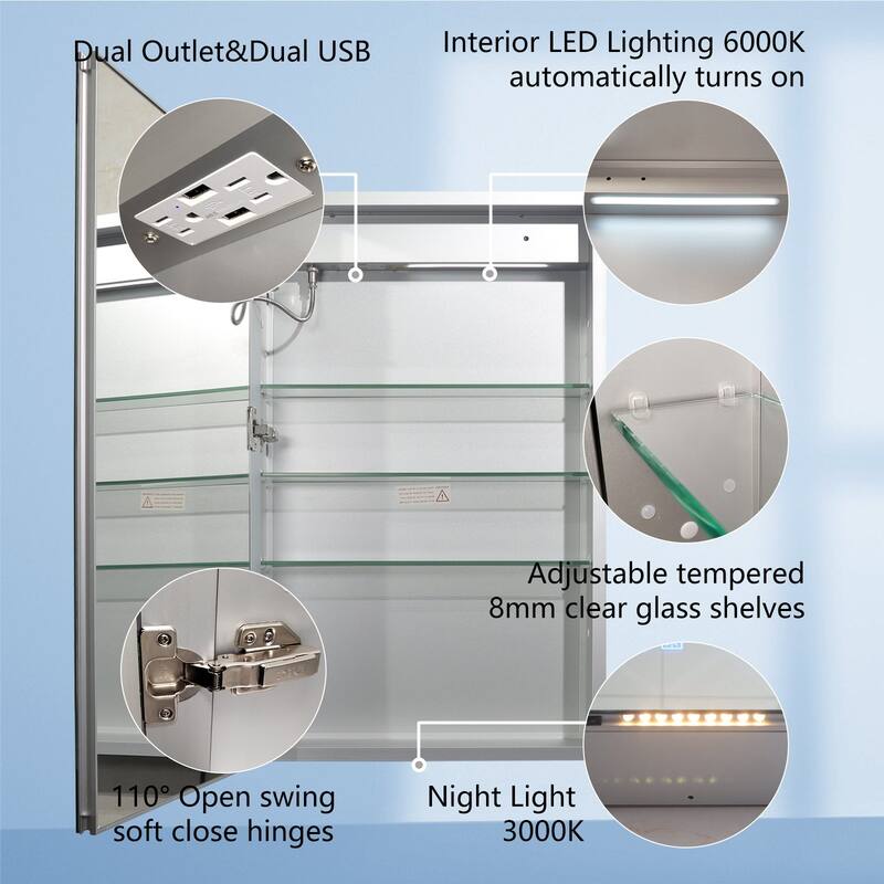 Aluminum Surface/Recessed Mount LED Medicine Cabinet with Mirror, Outlet and Shelves