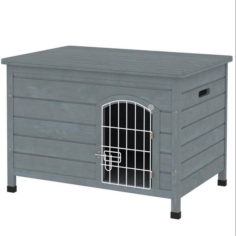 Dark Gray Fir Wood Dog Kennel House with Wire Lock Door Removable Bottom Panel