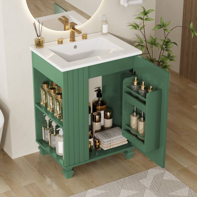 24" Compact Bathroom Vanity with Sink - Single Door Cabinet with Adjustable Shelf & Side Open Storage - Solid Wood Frame - Green