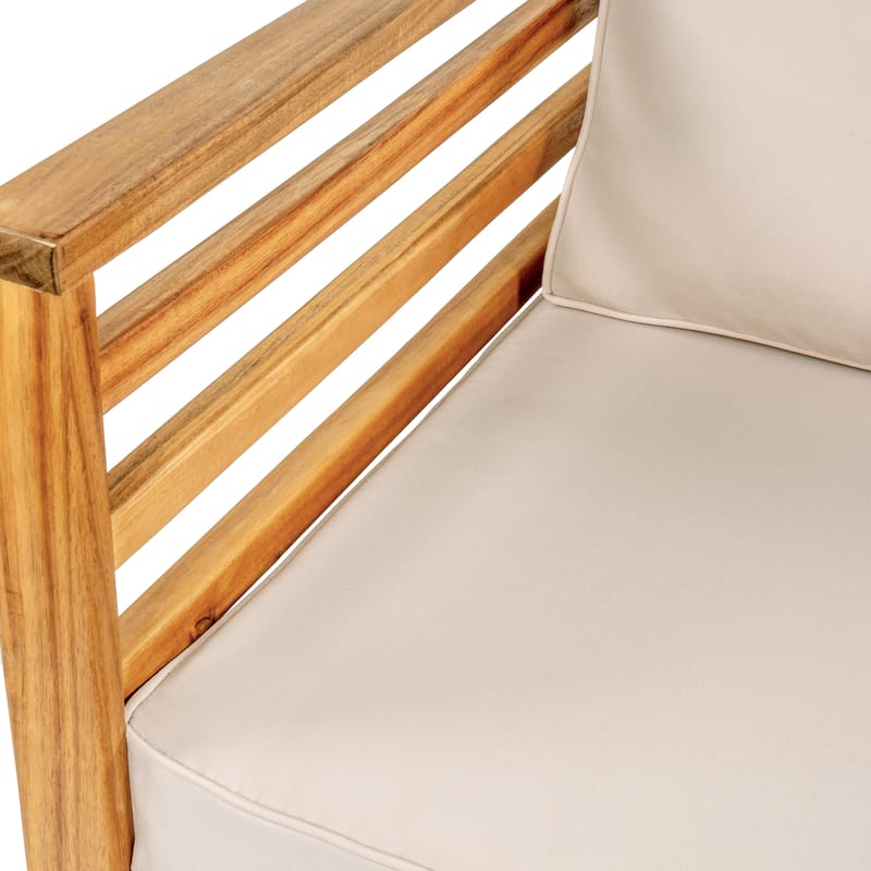 Everly 4-Piece Mid-Century Modern Acacia Wood Outdoor Patio Set with Cushions and Plaid Decorative Pillows, by JONATHAN Y