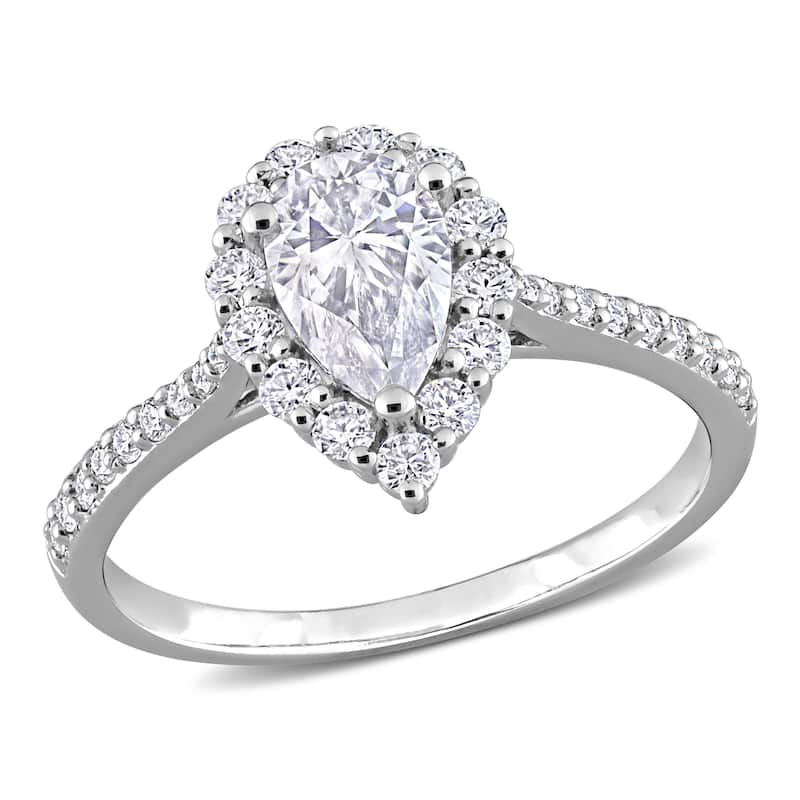 Miadora 1 3/8ct DEW Pear-cut Moissanite Halo Teardrop Engagement Ring in Sterling Silver