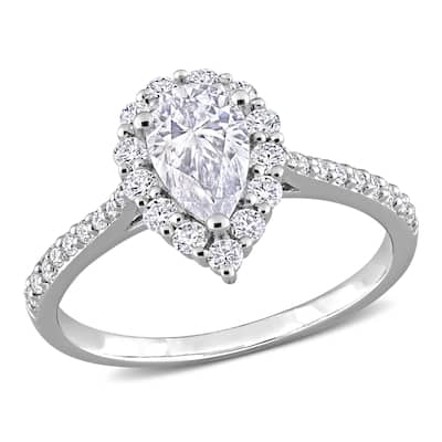 Miadora 1 3/8ct DEW Pear-cut Moissanite Halo Teardrop Engagement Ring in Sterling Silver