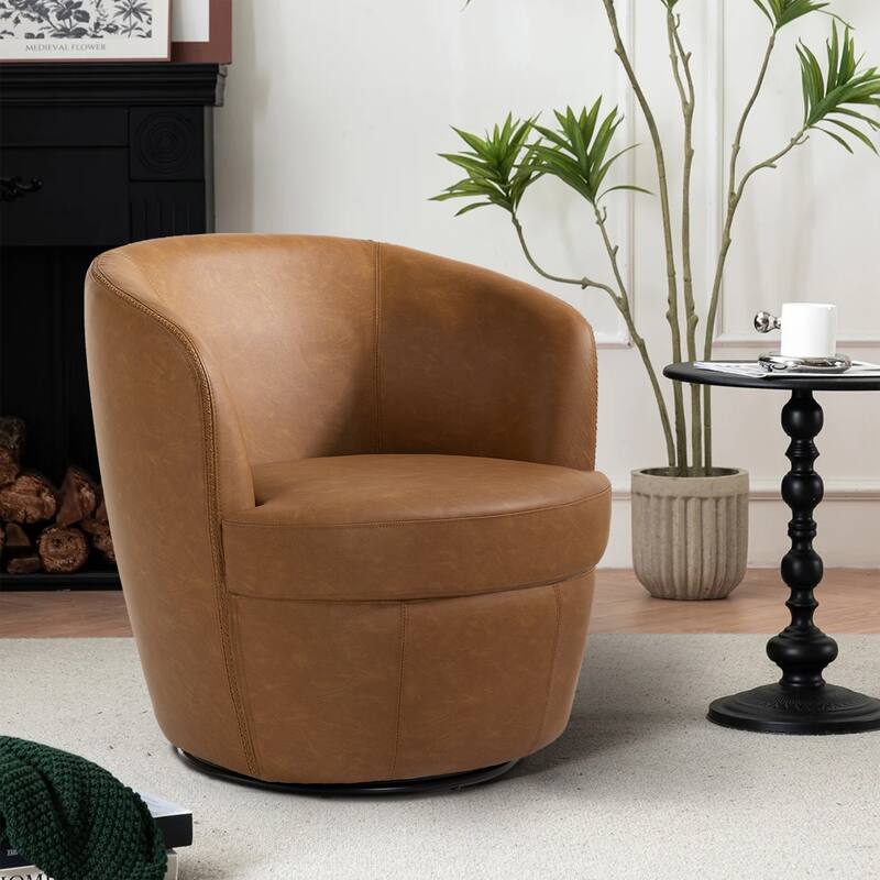 Faux Leather Swivel Barrel Accent Chair for Living Room