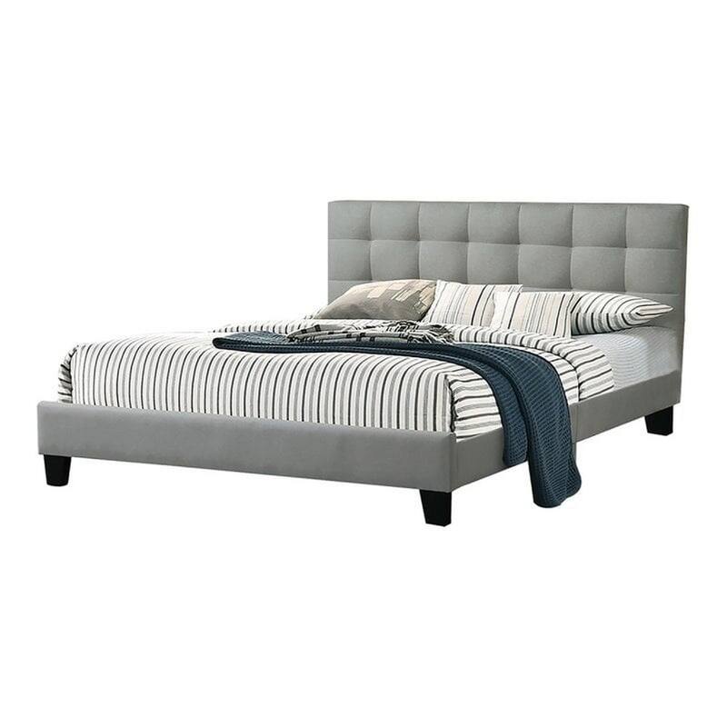 Dex Modern Platform Queen Size Bed, Square Tufted Upholstery, Light Gray