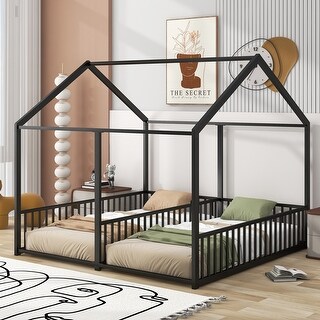 Metal Twin Size House-Shaped Platform Beds , Dual Side-by-Side Design with Guardrails, Sturdy Construction