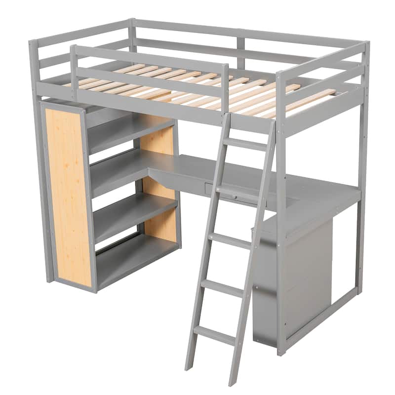 Wood Twin/Full Size Loft Bed with Built-in Desk and Shelves, Twin/Full Bedframe w/Full-Length Guardrails, for Kids Teens Adult