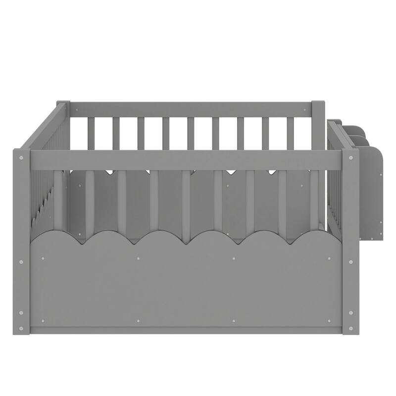 Roomfitters Floor Bed with Bookshelf and Heightened Fence, Solid Wood Frame with Guardrails