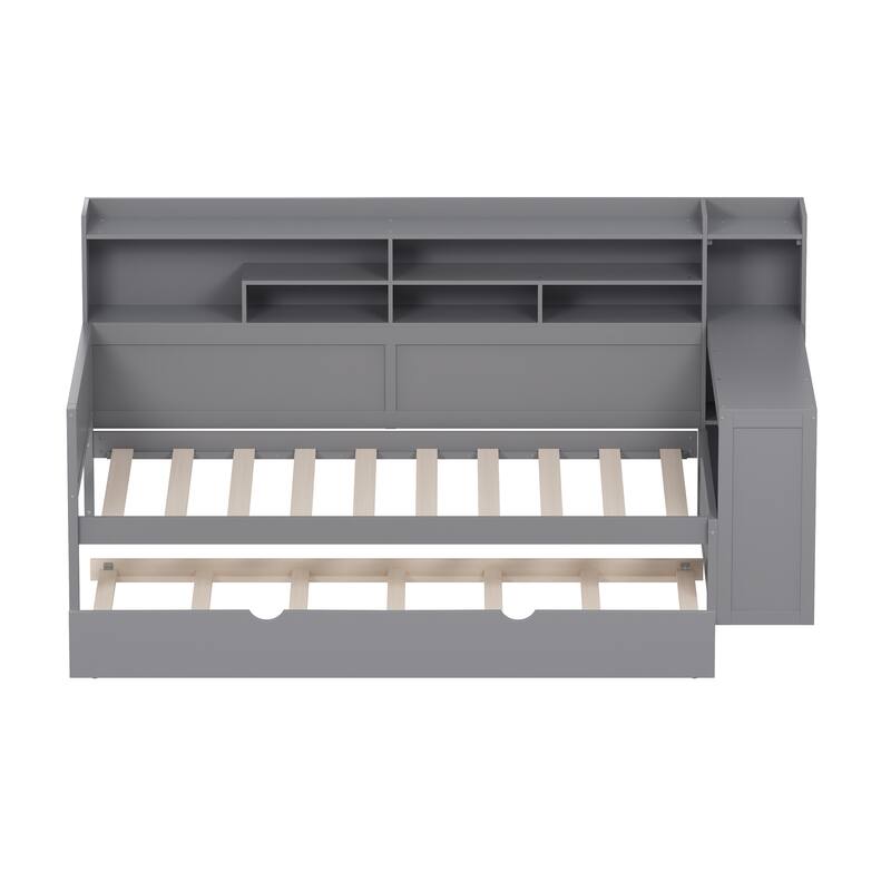 Multi-functional Bed with Twin Size Trundle Bed Wooden Twin Size Daybed with Storage Shelves and Study Desk