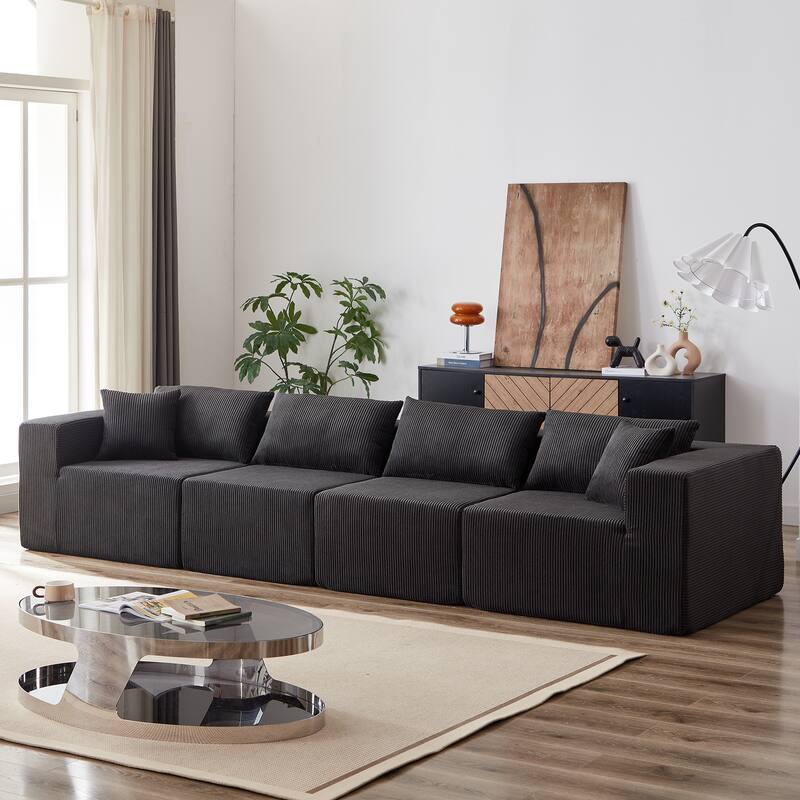 Corduroy Convertible Sectional Cloud Sofa, Foam-Filled Compressed Boneless Sofa, Modular L Shaped Floor 4 Seat Sofa