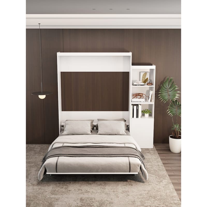 Queen Size Morden Deisgn Big Size Vertical Murphy bed with table and shelf for bedroom or Guestroom White Wall bed