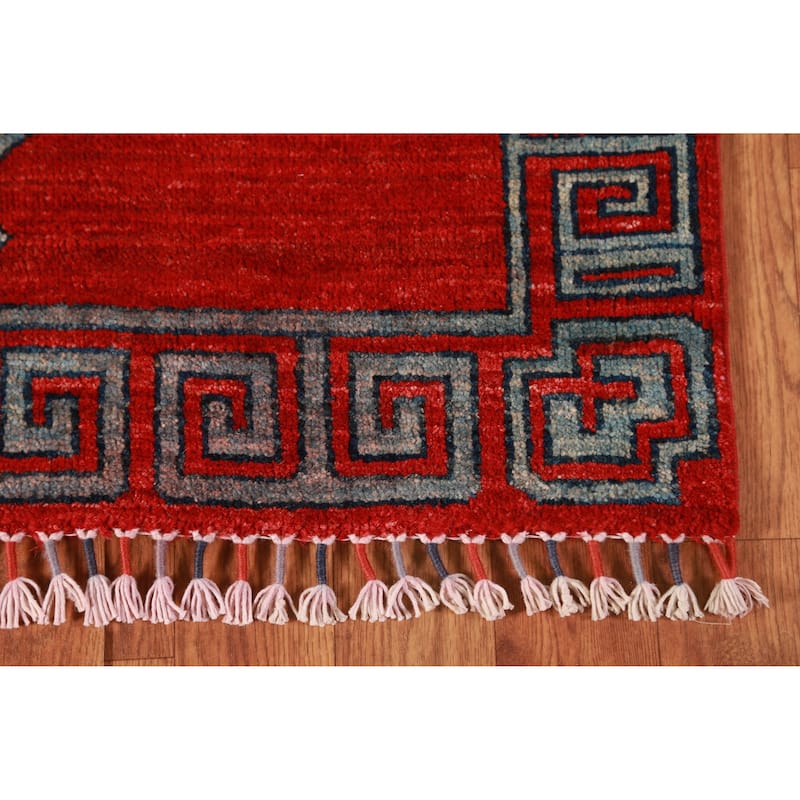 Red Geometric Kazak Oriental Runner Rug Hand-Knotted Wool Carpet - 2'7" x 14'10" - 2'7" x 14'10" - Red