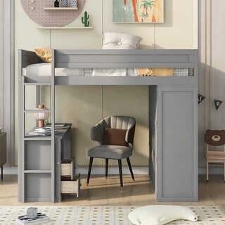 Gray Full Pine Wood Loft Bed w/ Wardrobes, 2-Drawer Desk w/ Cabinet