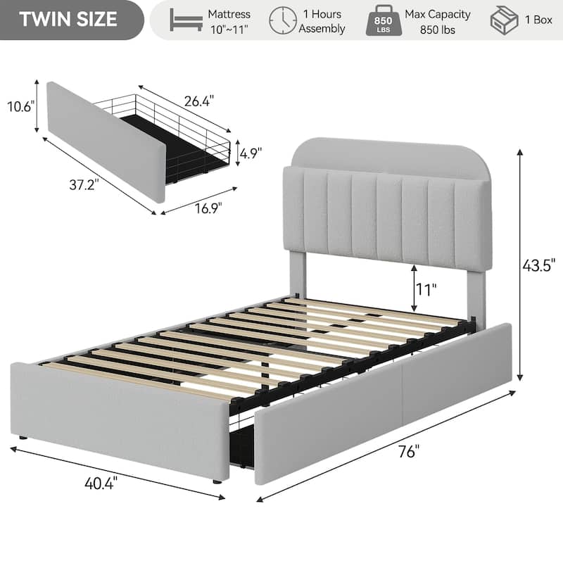 Twin/Full Bed Frame with 2 Flexible Drawers and Bookcase Headboard, Boucle Upholstered Platform Bed for Boys/Girls