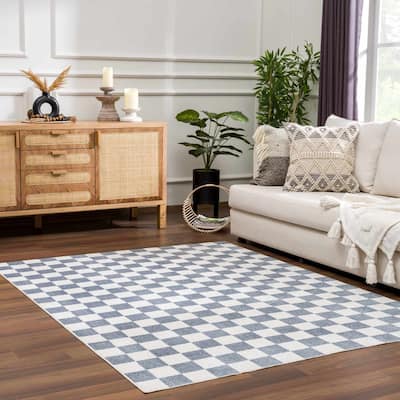 Hauteloom Brone Living Room, Bedroom Machine Washable Area Rug - Farmhouse - Blue, Off White - 2' x 2'11"