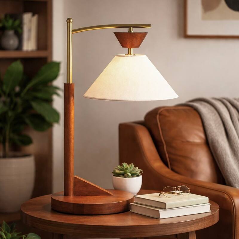 Lorient Wood and Linen Table Lamp with Brushed Gold Accents