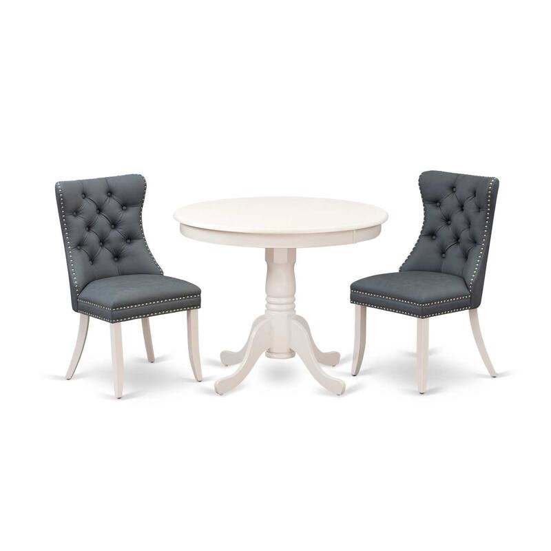 3-Piece Linen White Finish Solid Wood Top - Round Upholstered Dining Room Set - Seats 4