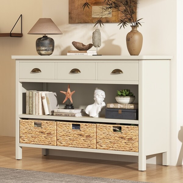 Console Table with 3 Drawers & Water Hyacinth Woven Baskets