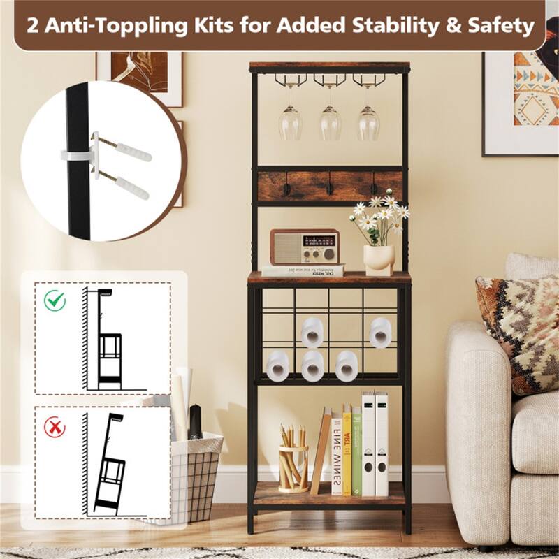 Freestanding Tall Wine Cabinet with Glass Holder and Storage Shelves for Kitchen or Dining Room - 21.5" x 14.5" x 61.5"