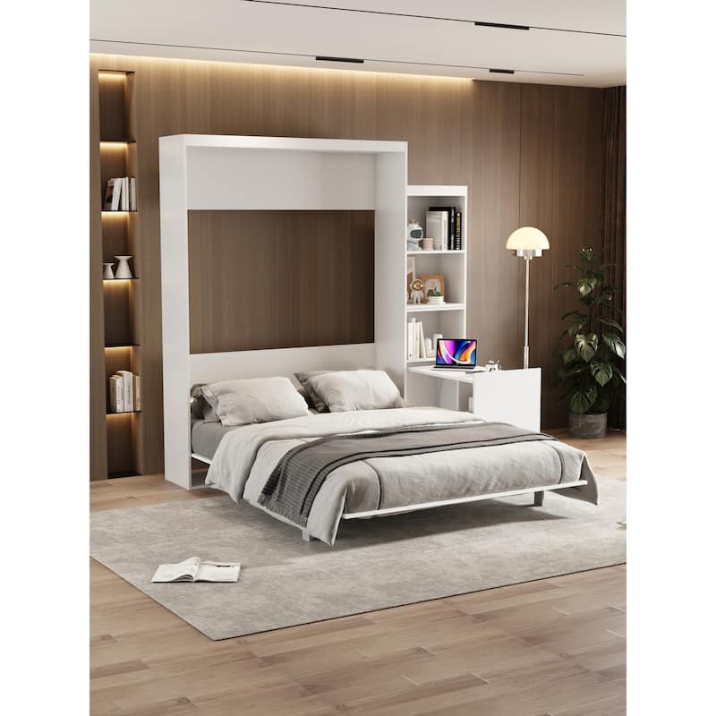 Queen Size Morden Deisgn Big Size Vertical Murphy bed with table and shelf for bedroom or Guestroom White Wall bed