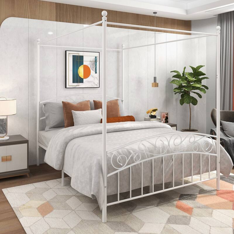 Metal Canopy Bed Frame with Ornate European Style Headboard & Footboard