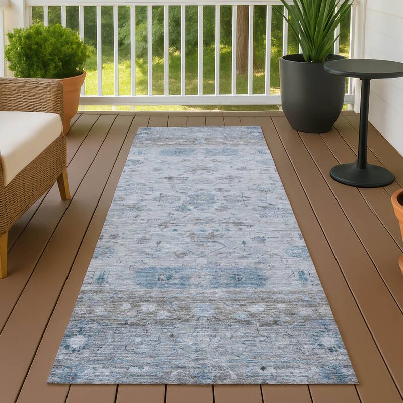 Machine Washable Indoor/ Outdoor Traditional Border Chantille Rug - Sky - 2'3" x 7'6"