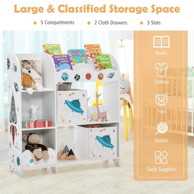 Kids Toy and Book Organizer Children Wooden Storage Cabinet with Storage Bins - 36.5'' x 11.5'' x 40'' (L x W x H)