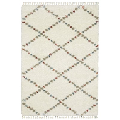 Style Haven Aire Diamond Lattice Ivory/ Multi Shag Tassel Fringe Area Rug.