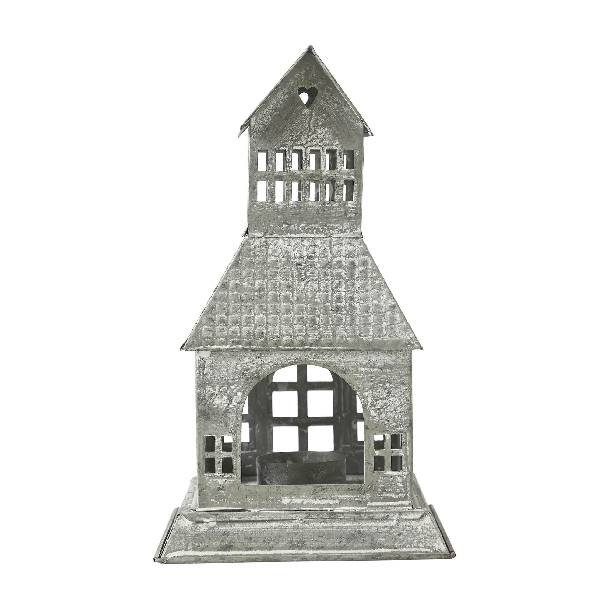 Tealight Holder Metal Village House A Antique Grey 9.5x5.5x5.5