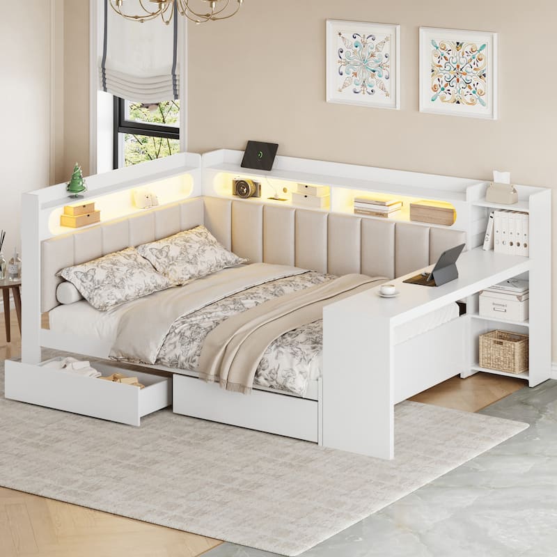 Full Daybed with Storage Shelves Built-in Charging Station LED Light, L-shape Upholstered Sofa Bed with 2 Drawers, Cabinet, Desk - White - Full