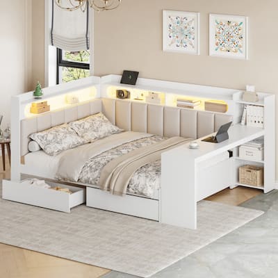Full Daybed with Storage Shelves Built-in Charging Station LED Light, L-shape Upholstered Sofa Bed with 2 Drawers, Cabinet, Desk