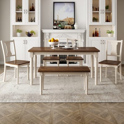 Classic 6-Piece Dining Set Wooden Table and 4 Chairs with Bench for Kitchen Dining Room