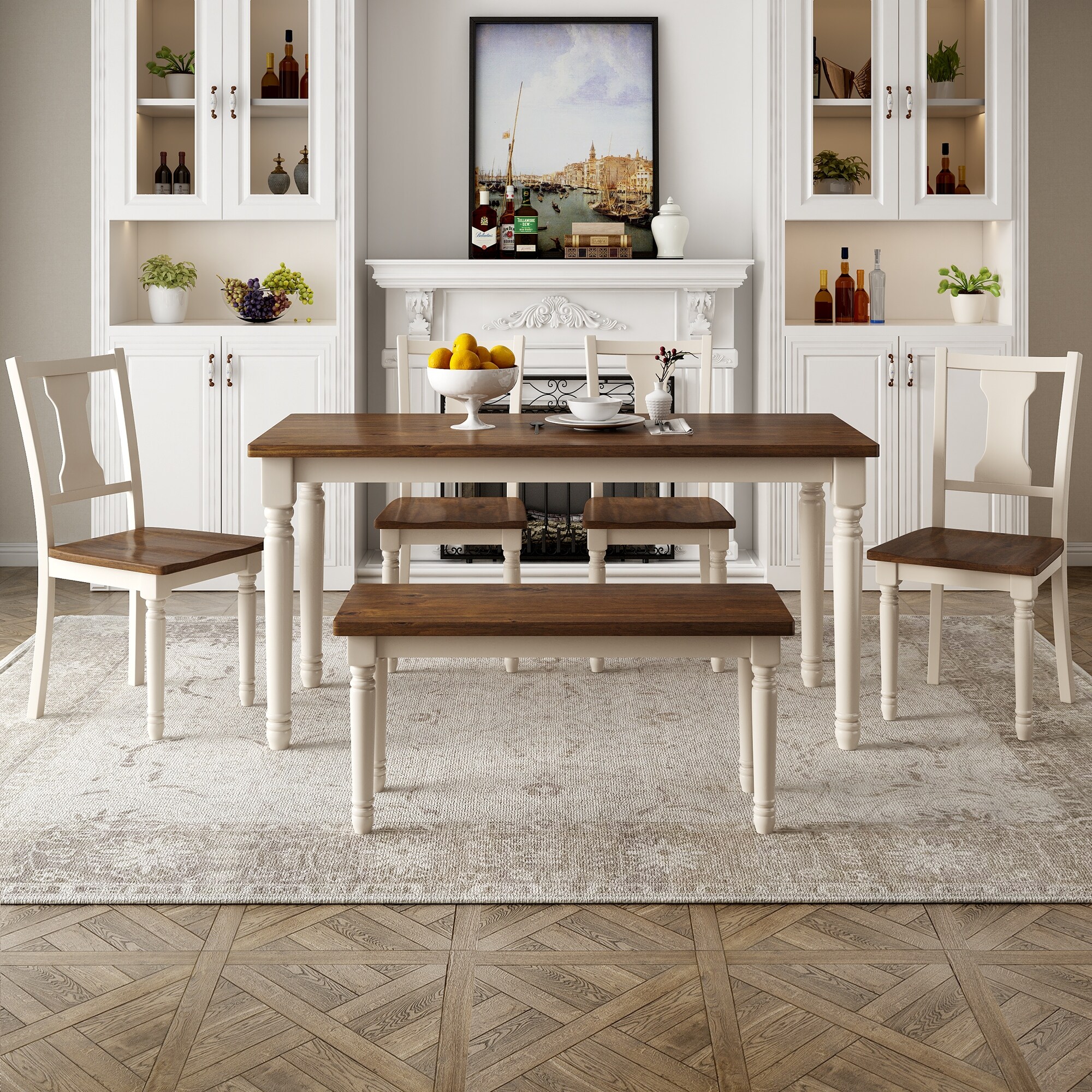 Neoclassical Style Dining Table Set for 6 Dining Table and 4